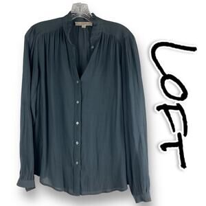 Loft Sheer Ruffle Banded Collar Gray Blouse Womens Size XS